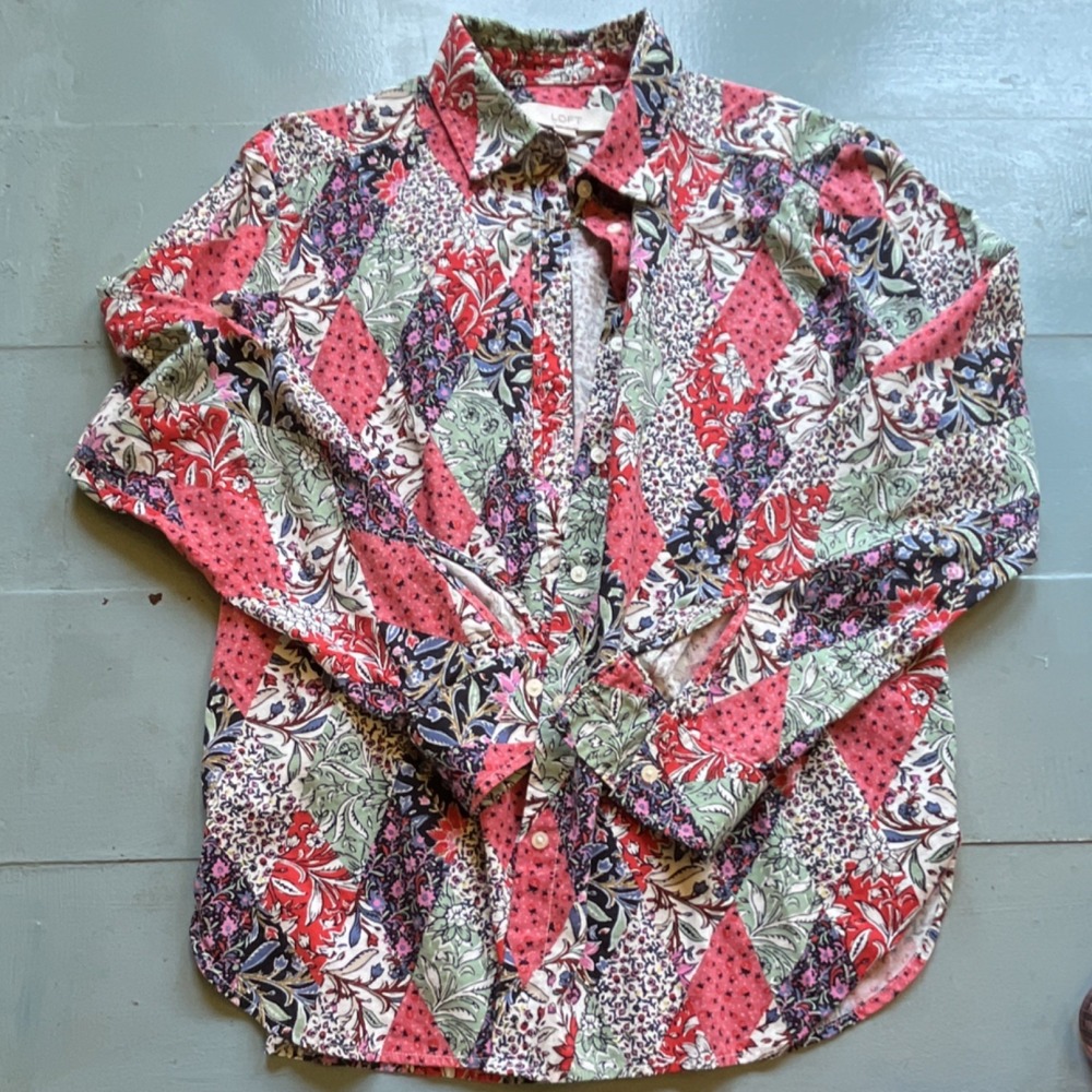 LOFT Womens S Multicolor Floral Button Up Shirt Cotton Rayon Long Sleeve